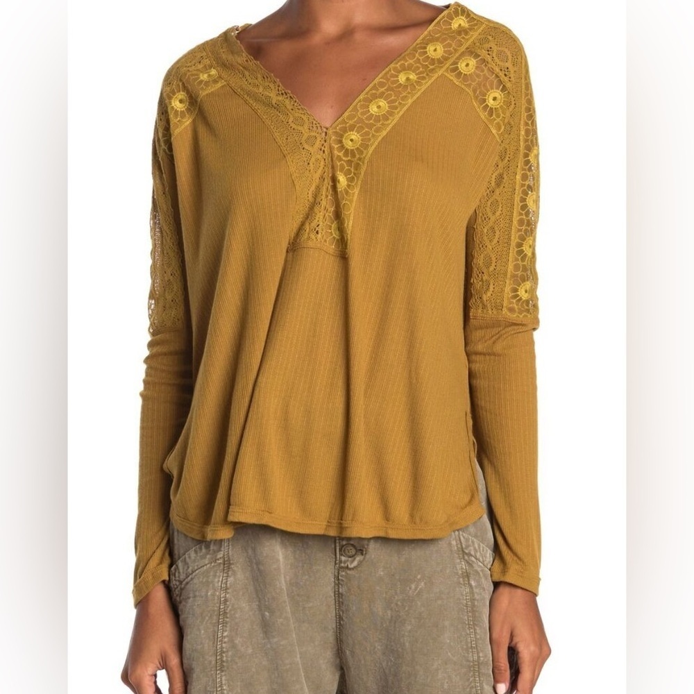 Free People Women's Lola Long-Sleeve Blouse, Mustard Yellow‎ Boho Lace Trim